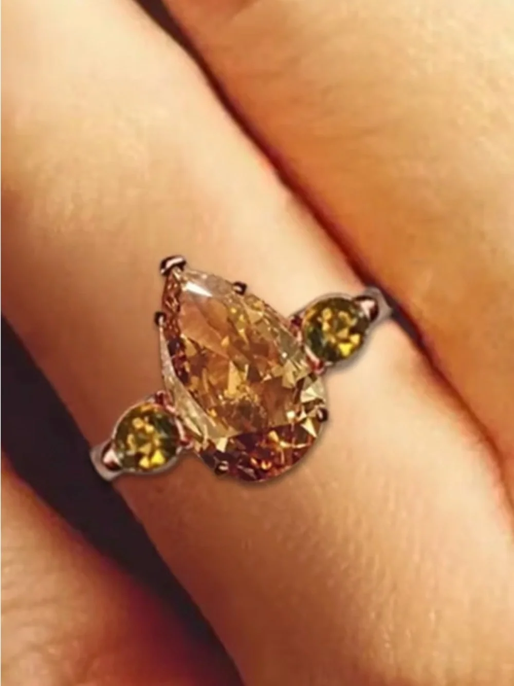 Pear-Shaped Citrine Three-Stone Ring in Golden Yellow